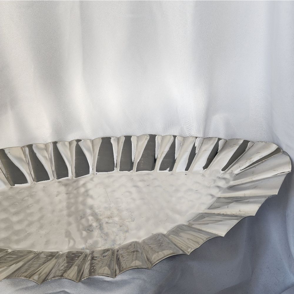 Scalloped Oblong Silver Tone Footed Tray Made In India